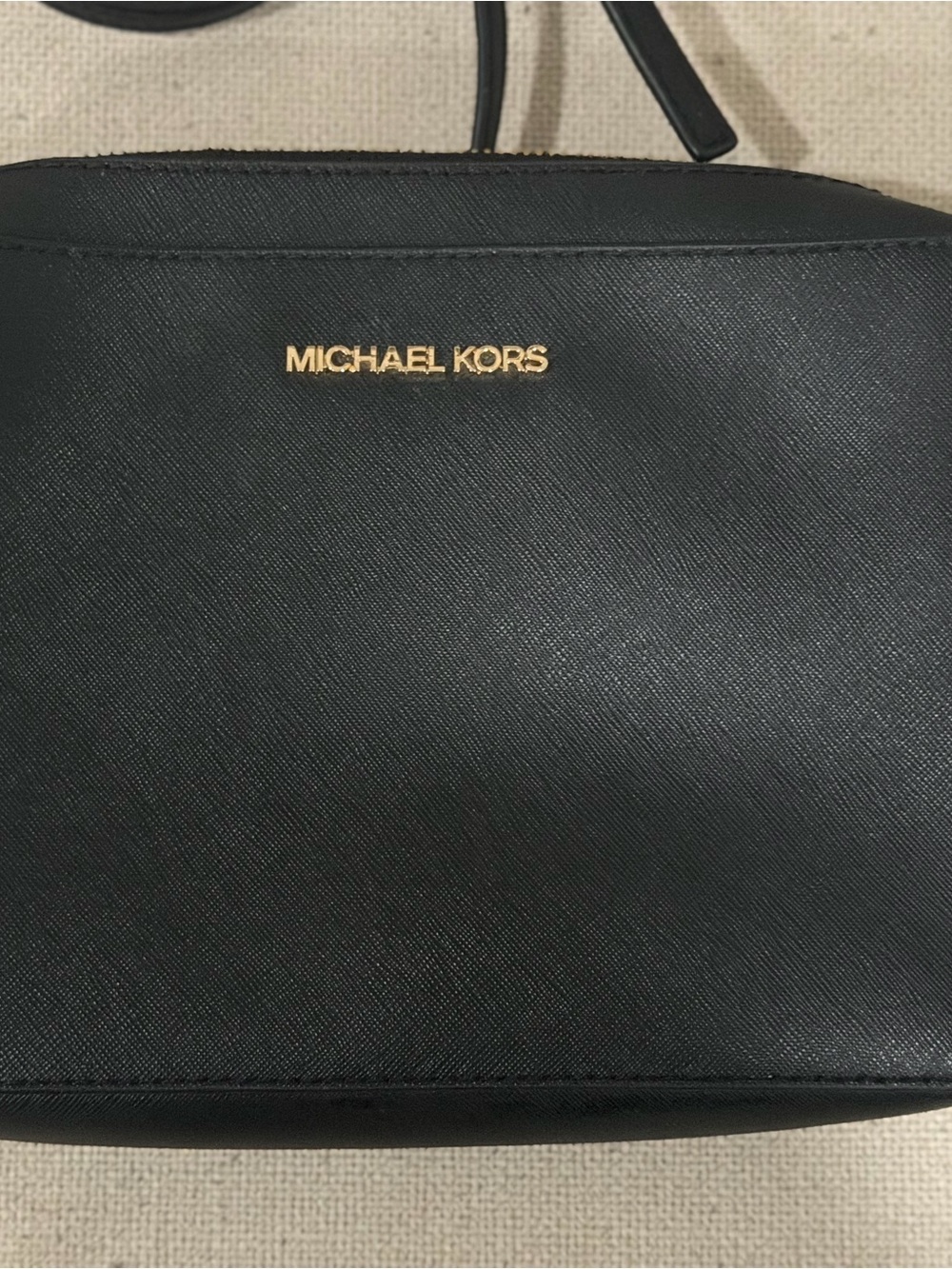 Michael Kors Black Saffiano Leather Messenger Bag with Gold Logo